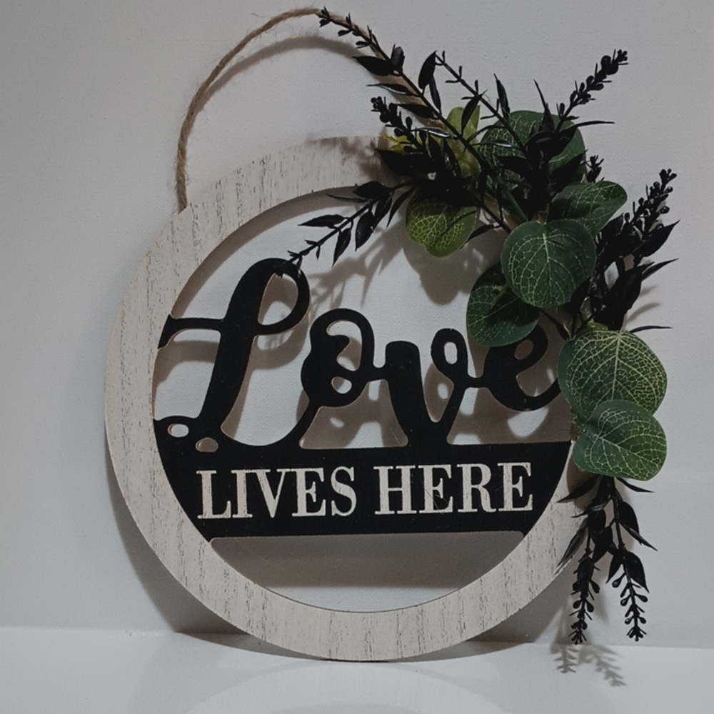 Wooden Wall Hanging - Black & Cream with Green Accent- Refurbished